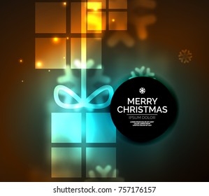 Glowing gift boxes with snowflakes, Christmas and New Year template. Vector illustration, winter holiday Christmas card with light effects