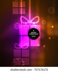 Glowing gift boxes with snowflakes, Christmas and New Year template. Vector illustration, winter holiday Christmas card with light effects