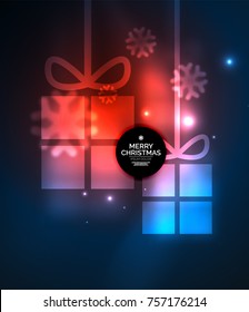 Glowing gift boxes with snowflakes, Christmas and New Year template. Vector illustration, winter holiday Christmas card with light effects