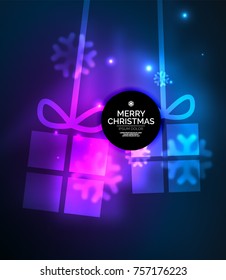 Glowing gift boxes with snowflakes, Christmas and New Year template. Vector illustration, winter holiday Christmas card with light effects
