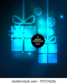 Glowing gift boxes with snowflakes, Christmas and New Year template. Vector illustration, winter holiday Christmas card with light effects