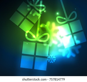 Glowing gift boxes with snowflakes, Christmas and New Year template. Vector illustration, winter holiday Christmas card with light effects