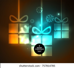 Glowing gift boxes with snowflakes, Christmas and New Year template. Vector illustration, winter holiday Christmas card with light effects