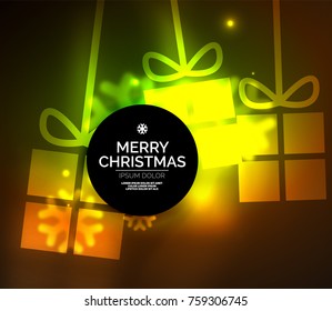 Glowing gift boxes with snowflakes, Christmas and New Year template. Vector illustration, winter holiday Christmas card with light effects