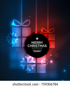 Glowing gift boxes with snowflakes, Christmas and New Year template. Vector illustration, winter holiday Christmas card with light effects
