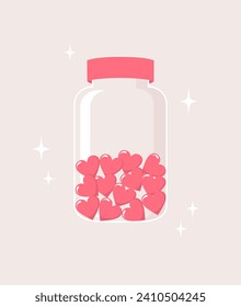 Glowing glass jar with pink hearts inside on beige background, flat vector illustration