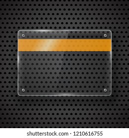 Glowing glass panel banner on a metal background. Vector.