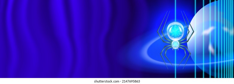 Glowing glass translucent hexapod spider on a cloudy abstract background with the planet Saturn and bright threads. Vector blue wide futuristic banner