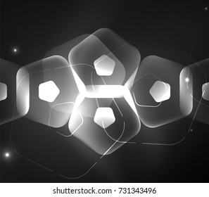 Glowing glass transparent pentagans, geometric abstract digital background. Vector illustration