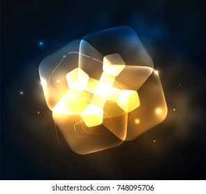 Glowing glass transparent pentagans, geometric abstract digital background. Vector illustration