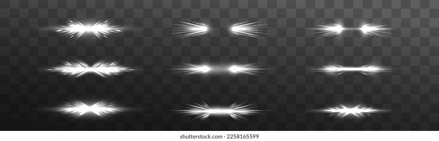 Glowing glass white frames. Glowing billboard. Sparks sparkle with glowing neon white light effects. Set of vector white lenses on a transparent background. Abstract lines of light	