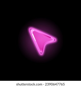 Glowing glassy arrow button, cursor game. Pink sign indicating direction option. Element for game user ui interface. Vector pointer plaque icon luminous on dark background