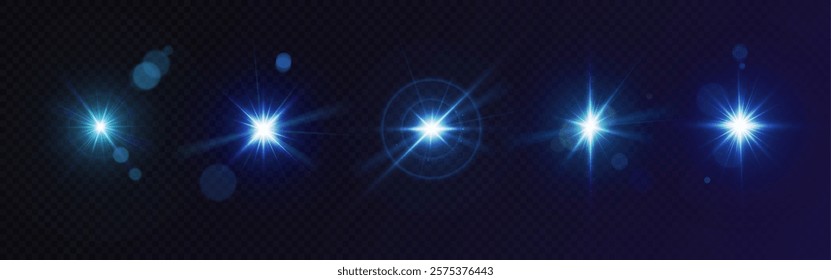 Glowing glint collection - bright blue lens flares with shining centers, gradient rays and sparkling effects on transparent background. Shimmer elements and magical sparkles for cosmic light effect.