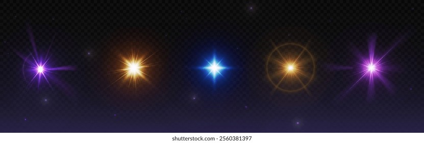 Glowing glint and glare light effects set - bright multicolored star sparkles, shining golden sunburst, radiant purple flares, luminous blue light beams. Realistic magical effects or photo overlays.