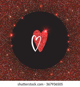 Glowing glitter background with hearts. Shiny vector backdrop. Template design card for Valentines Day. Red hearts. Frame.