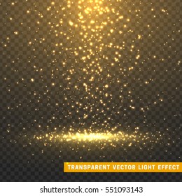 Glowing glitter light effects isolated realistic. Christmas decoration design element. Sunlight lens flare. Shining elements and stars. Golden texture. Transparent vector particles background.