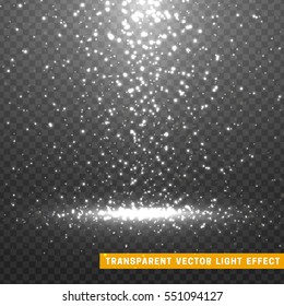 Glowing glitter light effects isolated realistic. Christmas decoration design element. Sunlight lens flare. Shining elements and stars. White and gray texture. Transparent vector particles background.