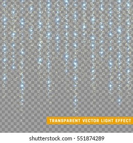 Glowing glitter light effects isolated realistic. Christmas decoration design element. Sunlight lens flare. Shining elements and stars. Blue texture. Transparent vector particles background.