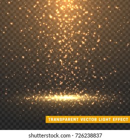Glowing glitter light effects isolated realistic. Christmas decoration design element. Sunlight lens flare. Shining elements and stars. Golden texture. Transparent vector particles background.