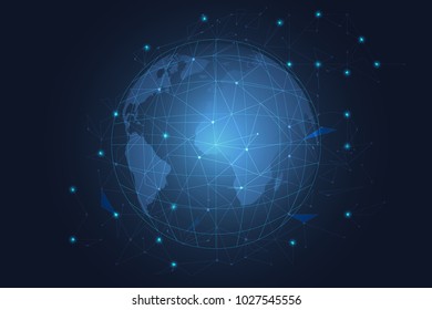 Conexão de rede global brilhante. World map malha e linha como negócio global, conceito de composição. Ilustração de vetor.