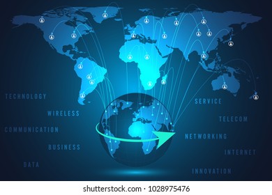 Glowing global network connection. World map mesh and line as global business, composition concept. Vector Illustration.