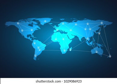 Glowing global network connection. World map mesh and line as global business, composition concept. Vector Illustration.