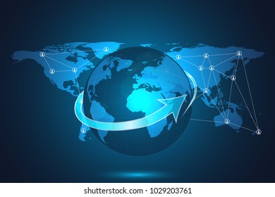 Glowing global network connection. World map mesh and line as global business, composition concept. Vector Illustration.