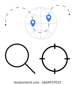 Glowing globe with navigation pins, magnifying glass, and crosshair icon signify searching locations. Ideal for global navigation, travel, search optimization, targeting, GPS services, map