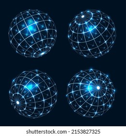 Glowing Globe Wireframes. Sparky Ball Frames For Tech Network Cyber Concepts, Light Nodes Outline Spheres, Technology 3d Grid Sphere Graphics, Lighting Particles Earth Meshes, Vector Illustration