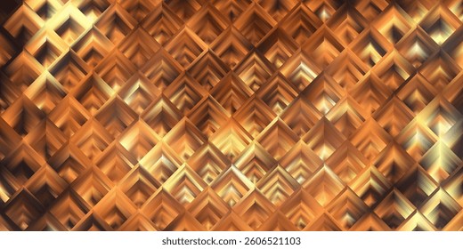 Glowing gold abstract background. Ribbed glass. Diamond shaped gradient polygons. Luxury golden geometric bg. Seasonal autumn promo warm tones wallpaper. Vector illustration, EPS 10.