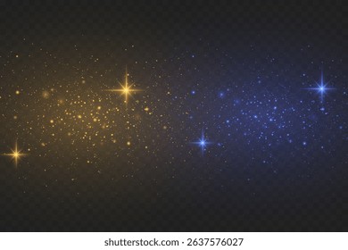 Glowing gold and blue particles with sparkling stars, for a festive or magical design.
