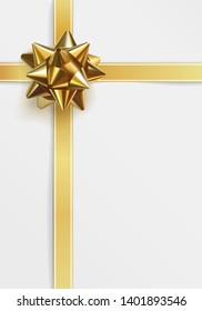 Glowing gold bow with crossing gold ribbons for packing gifts, isolated on white background. Realistic 3d object. Festive decorative element for design. Holiday gift decoration. Greeting card template