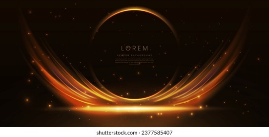 Glowing gold circle frame with flare curved spark effect on dark brown background. Vector illustration 