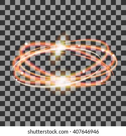 Glowing gold circles or waves, fire ellipse traces with sparks, magic glitter light effect or swirl trail on transparent background, vector