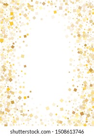 Glowing gold confetti sequins sparkles falling on white. Rich Christmas vector sequins background. Gold foil confetti party pieces pattern. Overlay sparkles invitation backdrop.