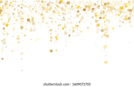 Glowing gold confetti sequins sparkles flying on white. Luxurious Christmas vector sequins background. Gold foil confetti party explosion space. Rhombus sparkles invitation backdrop.