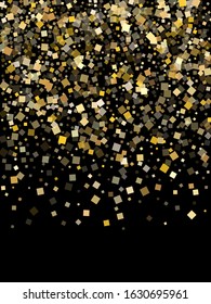 Glowing gold confetti sequins sparkles scatter on black. Glittering holiday vector sequins background. Gold foil confetti party glitter space. Rhombus particles party background.