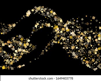 Glowing gold confetti sequins sparkles falling on black. Glittering New Year vector sequins background. Gold foil confetti party particles isolated. Many particles party background.
