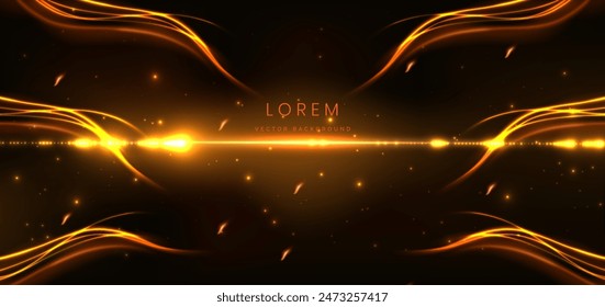 Glowing gold dot with flare lighting effect on dark brown background. Vector illustration 