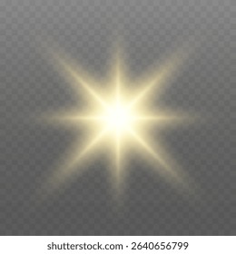 Glowing gold light. Glowing sun flash with golden rays, spotlight effect, and sparkling bokeh. Transparent overlay, warm illumination, starry highlights, soft bokeh