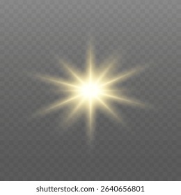 Glowing gold light. Glowing sun flash with golden rays, spotlight effect, and sparkling bokeh. Transparent overlay, warm illumination, starry highlights, soft bokeh