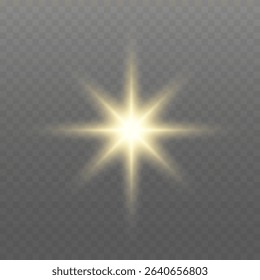 Glowing gold light. Glowing sun flash with golden rays, spotlight effect, and sparkling bokeh. Transparent overlay, warm illumination, starry highlights, soft bokeh