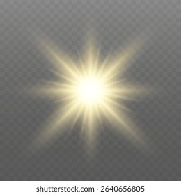 Glowing gold light. Glowing sun flash with golden rays, spotlight effect, and sparkling bokeh. Transparent overlay, warm illumination, starry highlights, soft bokeh