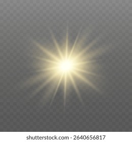 Glowing gold light. Glowing sun flash with golden rays, spotlight effect, and sparkling bokeh. Transparent overlay, warm illumination, starry highlights, soft bokeh
