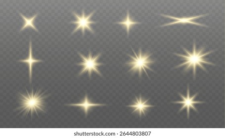 Lumière dorée scintillante. Éclat lumineux du soleil avec des rayons dorés, effet de projecteur et flou étincelant. Collection de reflets, d'étoiles et de rayons lumineux avec tourbillonnement lumineux