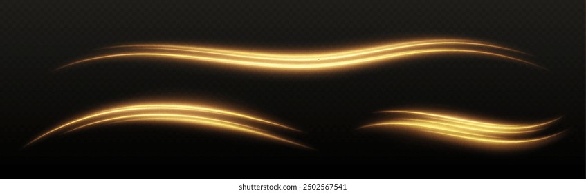 Glowing gold light swirls with smooth, flowing curves. Light effect in motion concept. Vector illustration.