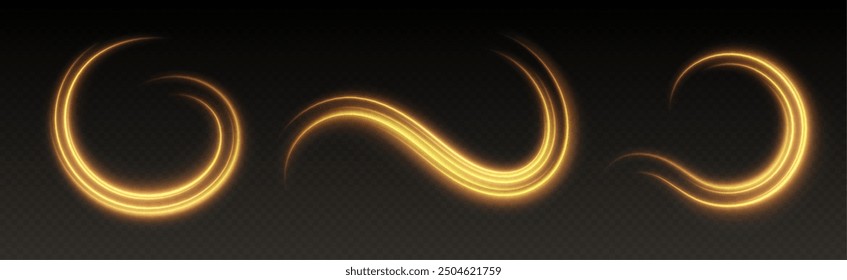 Glowing gold light swirls with smooth, flowing curves. Light effect in motion concept. Vector illustration.