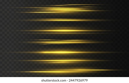 Glowing gold line, horizontal light rays, flash. Fiery light flares, glowing sunbeams or rays effect set. Magic flash laser strip divider with glitter shimmer design illustration.	
