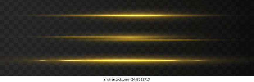 Glowing gold line, horizontal light rays, flash. Fiery light flares, glowing sunbeams or rays effect set. Magic flash laser strip divider with glitter shimmer design illustration.	
