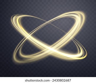 Glowing gold magic rings. Neon realistic energy swirl. Abstract light effect on a dark transparent background. Vector illustration.